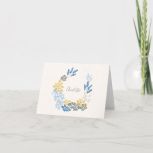 Blaue gelbe Blumenkranz personalisierte Schreibwar Dankeskarte