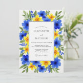 Blaue Gelbe Blumige Hochzeit Einladung (Stehend Vorderseite)