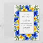 Blaue Gelbe Blumige Hochzeit Einladung (Vorne/Hinten)