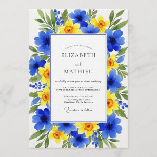Blaue Gelbe Blumige Hochzeit Einladung