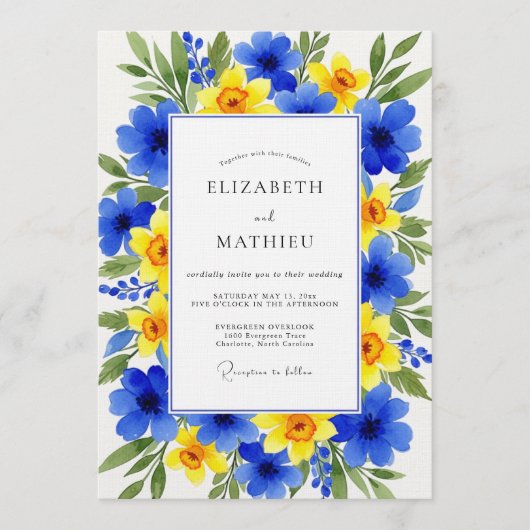 Blaue Gelbe Blumige Hochzeit Einladung (Vorderseite)