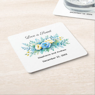 Blaue Gelbe Blumige Liebe ist süße Hochzeit Rechteckiger Pappuntersetzer