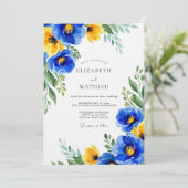 Blaue Gelbe Florale Hochzeit Einladung (Stehend Vorderseite)