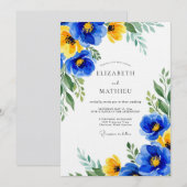 Blaue Gelbe Florale Hochzeit Einladung (Vorne/Hinten)
