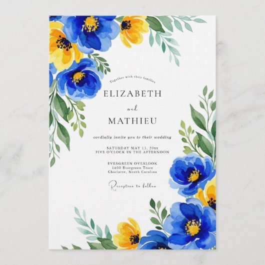 Blaue Gelbe Florale Hochzeit Einladung (Vorderseite)
