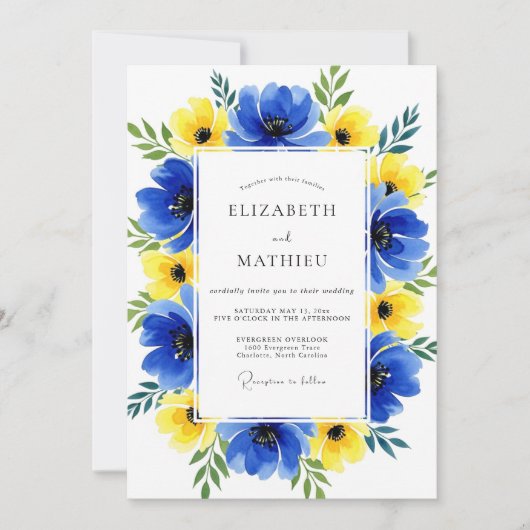 Blaue Gelbe Florale Whimsy-Hochzeit Einladung (Vorderseite)