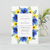 Blaue Gelbe Florale Whimsy-Hochzeit Einladung (Stehend Vorderseite)