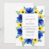 Blaue Gelbe Florale Whimsy-Hochzeit Einladung (Vorne/Hinten)