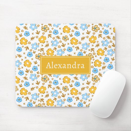 Blaue Gelbe Frühlings-Blumen-Monogramm Mousepad (Mit Mouse)