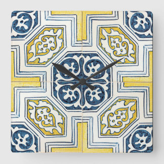 Blaue gelbe geometrische Blumenfliesen-Kunst Quadratische Wanduhr