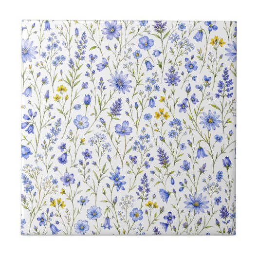 Blaue Gelbe Grüne Aquarell-Wildblumenmuster Fliese (Vorderseite)