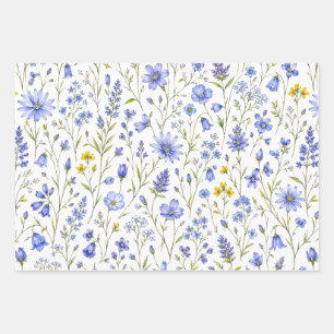 Blaue Gelbe Grüne Aquarell-Wildblumenmuster Geschenkpapier Set
