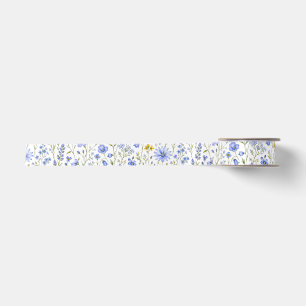 Blaue Gelbe Grüne Aquarell-Wildblumenmuster Satinband