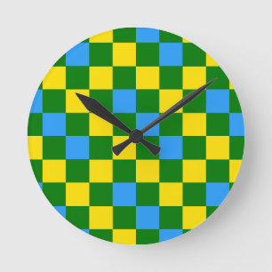 Blaue Gelbe Grüne Karomuster Gestaltung  Runde Wanduhr