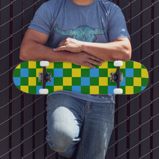 Blaue Gelbe Grüne Karomuster Gestaltung  Skateboard (Außenbereich 3)