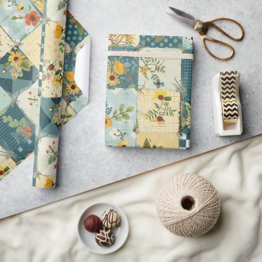 Blaue Gelbe Grüne Patchwork-Quadrate Gingham Cotta Geschenkpapier (Basteln)