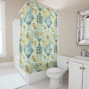 Blaue Gelbe Grüne Patchworkdecke Blumen Retro Duschvorhang