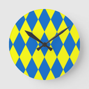 Blaue Gelbe Harlekin Karomuster Runde Wanduhr