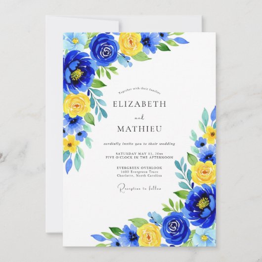 Blaue Gelbe Hochzeitsblumen Einladung (Vorderseite)