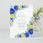 Blaue Gelbe Hochzeitsblumen Einladung (Stehend Vorderseite)