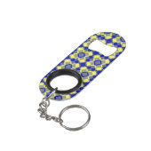Blaue Gelbe Karo-Argyle-Muster Mini Flaschenöffner (Rückseite Schrägansicht)