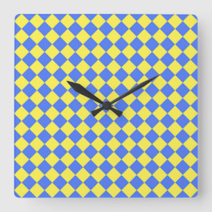 Blaue Gelbe Karo-Diamant-Muster Quadratische Wanduhr