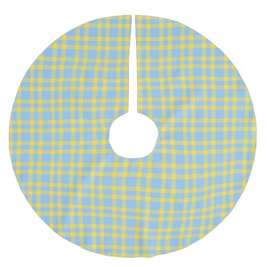 Blaue Gelbe Karo-Muster Polyester Weihnachtsbaumdecke (Vorderseite)
