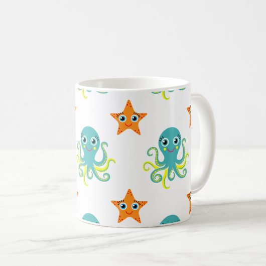 Blaue gelbe Krake; Orange Starfish Kaffeetasse (VorderseiteRechts)