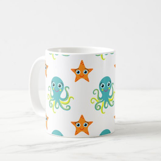 Blaue gelbe Krake; Orange Starfish Kaffeetasse (Vorderseite Links)
