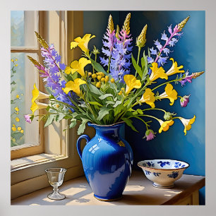 Blaue Gelbe Lila Blumenstrauß Kunst Poster