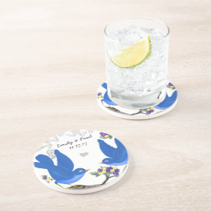 Blaue & Gelbe & Lila Vintage-Liebesvögel-Untersetz Sandstein Untersetzer