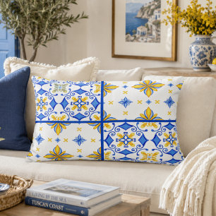 Blaue gelbe mediterrane Fliesen-Patchwork Dekokissen