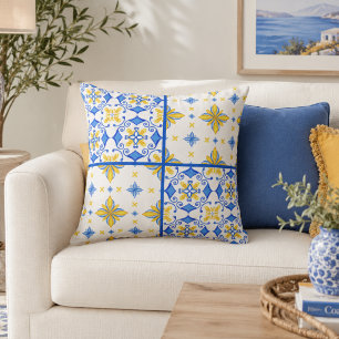 Blaue gelbe mediterrane Fliesen-Patchwork Kissen
