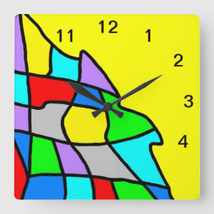 Blaue Gelbe Mehrfarbige Mosaik Quadratische Wanduh Wanduhr