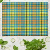 Blaue Gelbe Orange Karierte Tartan-Design Geschirrtuch (Gefaltet)