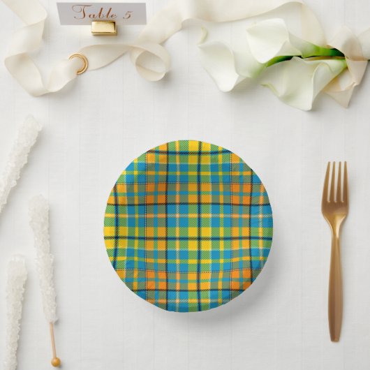 Blaue Gelbe Orange Karierte Tartan-Design Pappteller (Hochzeit)
