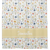 Blaue gelbe rosa Wasserfarbe-Monogramm-Wildblume Duschvorhang (Vorderseite)