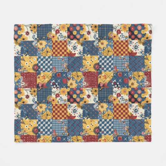 Blaue Gelbe Rote Patchwork-Quiltdecke Gingham Blum Fleecedecke (Vorderseite (Horizontal))
