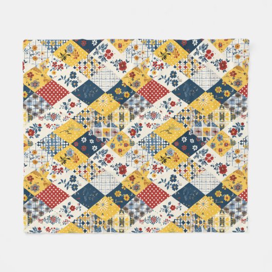 Blaue Gelbe Rote Quilt-Patchwork-Gingham-Blumenmus Fleecedecke (Vorderseite (Horizontal))