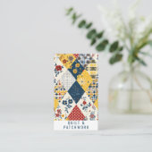 Blaue Gelbe Rote Quilt-Patchwork-Handmade-Kleidung Visitenkarte (Stehend Vorderseite)