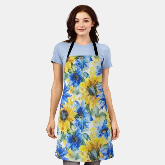 Blaue gelbe Sonnenblumen Floral Schürze (Getragen)