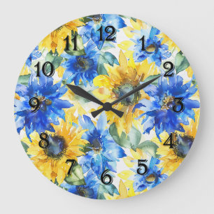 Blaue Gelbe Sonnenblumen Große Wanduhr