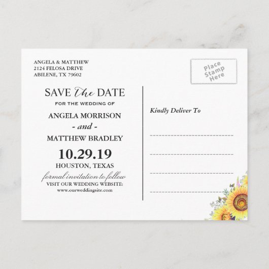 Blaue Gelbe Sonnenblumen Hochzeit retten das Datum Ankündigungspostkarte (Rückseite)