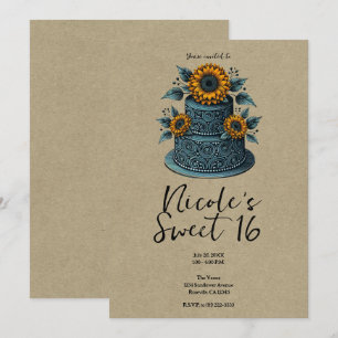 Blaue Gelbe Sonnenblumen-Torte Sweet 16 Geburtstag Einladung