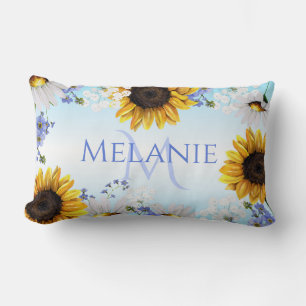Blaue Gelbe Sonnenblumen Wilde Blumen Monogramm Lendenkissen