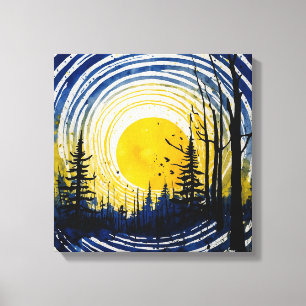 Blaue gelbe Sonnenuntergangswälder Leinwanddruck