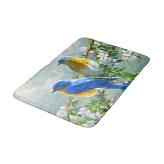 Blaue Gelbe Vögel Kirschblossom Bäume Malerei Badematte