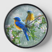 Blaue Gelbe Vögel Kirschblossom Bäume Malerei Uhr (Vorderseite)