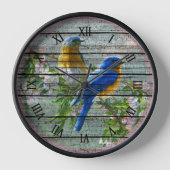 Blaue Gelbe Vögel Kirschblossom Bäume Malerei Uhr (Vorderseite)