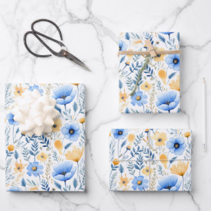 Blaue gelbe Wildblumen Boho Baby Hochzeitsshower  Geschenkpapier Set